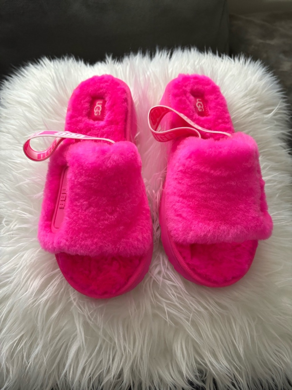 UGG Kids Hot Pink Fluff Slide Slippers with Back Strap